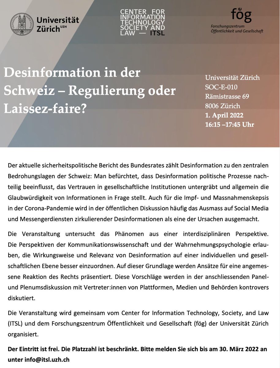 fög / UZH (@foeguzh) on Twitter photo Was wissen wir über Verbreitung & Wirkung von #Desinformation? Welche rechtlichen Antworten lassen sich darauf finden? Was sagen die Plattformen? Dazu diskutieren wir am⏱️01.04.22, 16.15 Uhr @UZH_dsi <a href="/UZH_ch/">Universität Zürich</a> mit <a href="/Google_CH/">Google Schweiz</a>, @MetaGermany, <a href="/Verlegerverband/">Verband Schweizer Medien</a> & Wissenschaftler:innen Was wissen wir über Verbreitung & Wirkung von #Desinformation? Welche rechtlichen Antworten lassen sich darauf finden? Was sagen die Plattformen? Dazu diskutieren wir am⏱️01.04.22, 16.15 Uhr @UZH_dsi <a href="/UZH_ch/">Universität Zürich</a> mit <a href="/Google_CH/">Google Schweiz</a>, @MetaGermany, <a href="/Verlegerverband/">Verband Schweizer Medien</a> & Wissenschaftler:innen