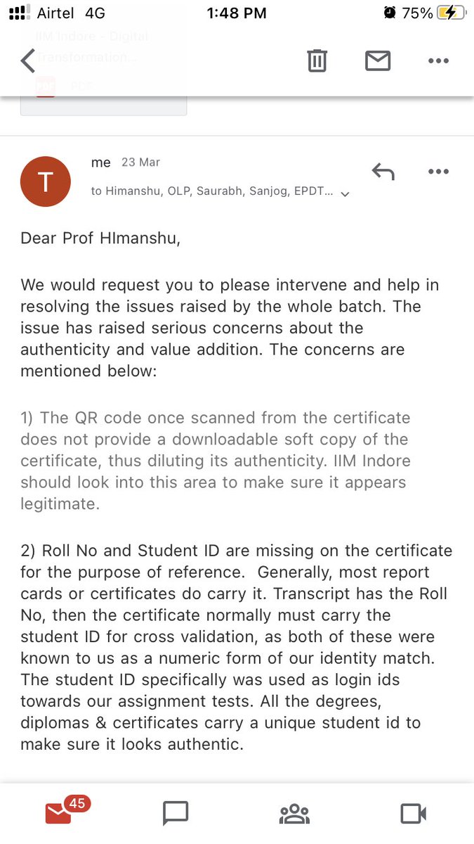 tarun7976's tweet photo. Dear Prof Himanshu…EPDT Batch 1 has requesting you for issues in certificate nomenclature. We are yet to receive a revert from your end. We have been chasing Prof Saurabh &amp; Prof Sanjog from 4th March and you since 23rd March! Pls revert!
@IIM_I @askhimanshurai @EduMinOfIndia https://t.co/b9nIJ3ucSk
