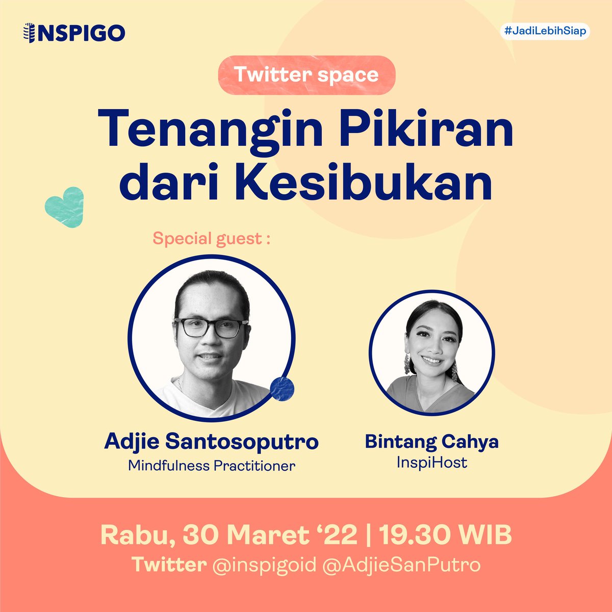 Pikiran kamu lagi penuh karena banyak kerjaan? Kita ngobrol bareng <a href="/AdjieSanPutro/">Adjie Santosoputro</a> yuk di Twitter Space tentang cara menenangkan pikiran dari kesibukan. See you malam ini😊