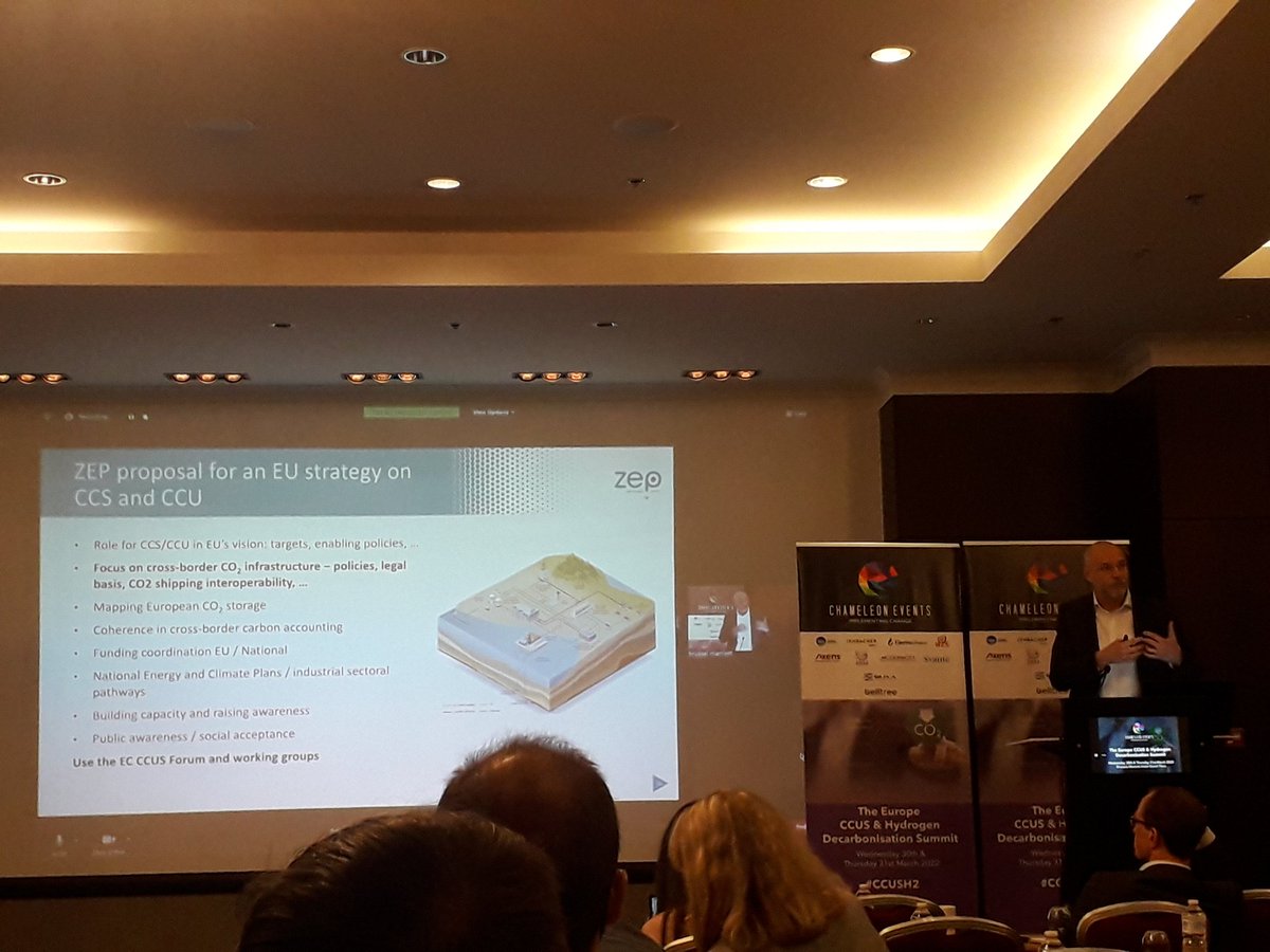 jarnodakhorst's tweet photo. Per-Olof Granstrøm of Zero Emission Platform (@EUCarbonCapture) set the scene of European #policy, #legislation and #technology developments in the field of #CCS and explained the various needs to remove #barriers for (cross-border) CO2 #transportation and #storage / #CCUSH2 3 https://t.co/MmDc0k5F5c
