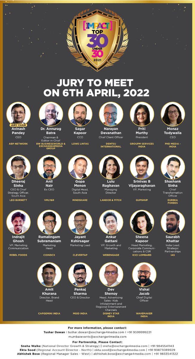 IMPACT_onnet's tweet photo. The esteemed jury for IMPACT’s Top #30Under30 will meet on 6th April, 2022 to select the best minds from the A&M industry
@panavi @twinsighter @pritimt @dheeraj_sinha @gopa @luluraghavan @watsubram @JayantKshirsagr @wanderer08 @WavemakerIndia @vishaljacob
#ImpactTop30 https://t.co/U78gLC8tUV