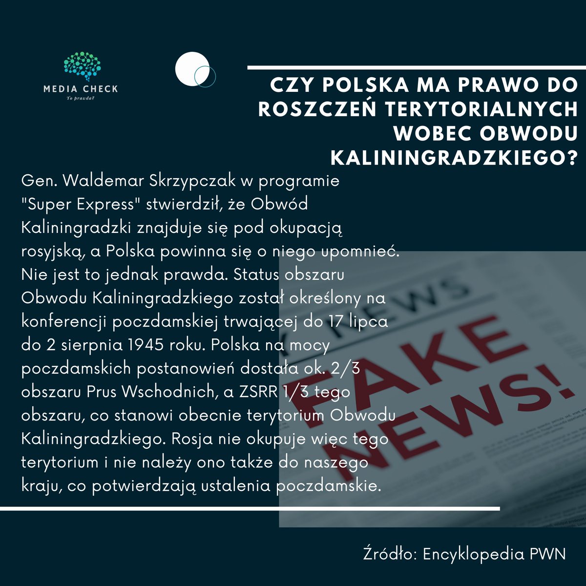 mediacheckpl's tweet photo. ⚠️ #FAKE ALERT ⚠️
Gen. Waldemar Skrzypczak w programie "Super Express" stwierdził, że Obwód Kaliningradzki znajduje się pod okupacją rosyjską, a Polska powinna się o niego upomnieć. Nie jest to jednak prawda. #mediacheck https://t.co/Cwkci7xH7o