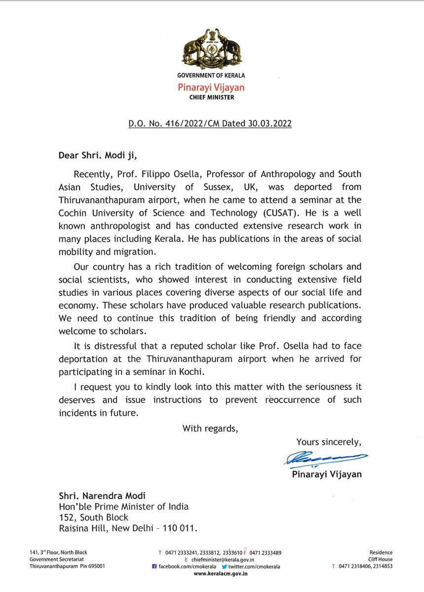 pinarayivijayan's tweet photo. Requested Hon'ble @PMOIndia Shri Narendra Modi ji to look into the deportation of eminent anthropologist Prof. Filippo Osella from Thiruvananthapuram airport, when he came to attend a seminar at CUSAT. It's distressful that a reputed scholar like him had to face deportation. https://t.co/uWfs2lxab1