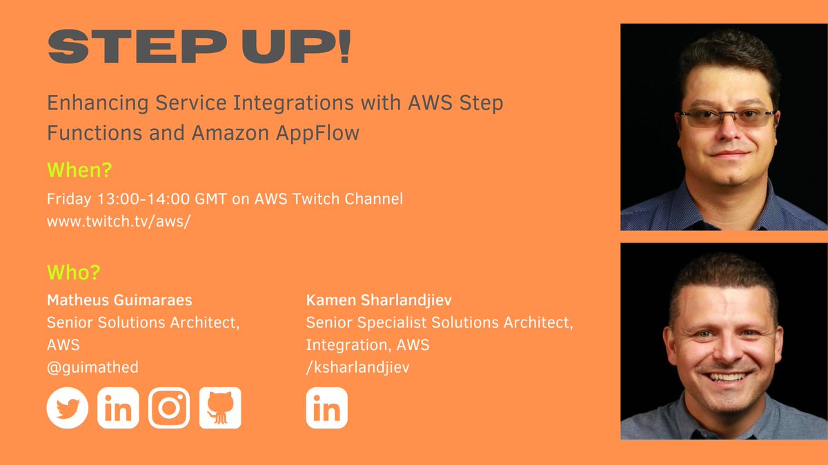 codingmatheus's tweet image. 🚨Join me FRI 1PM-2PM GMT on twitch.tv/aws for the next episode of Step Up! with special guest @ksharlandjiev.We'll use AWS Step Functions to enhance integration between Amazon AppFlow & AWS Glue.
@rkulidzan is back on chat too🤗
#aws #awsstepfunctions #stepfunctions