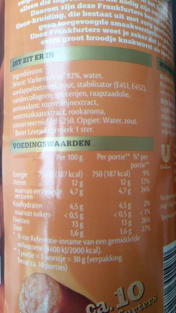 BraaksmaDhr's tweet photo. @Unox hoe kan het dat het aantal kcal per 100 gram evenveel is als het aantal kcal per portie (1 portie is 30 gram) https://t.co/h6CBe4Y8a1