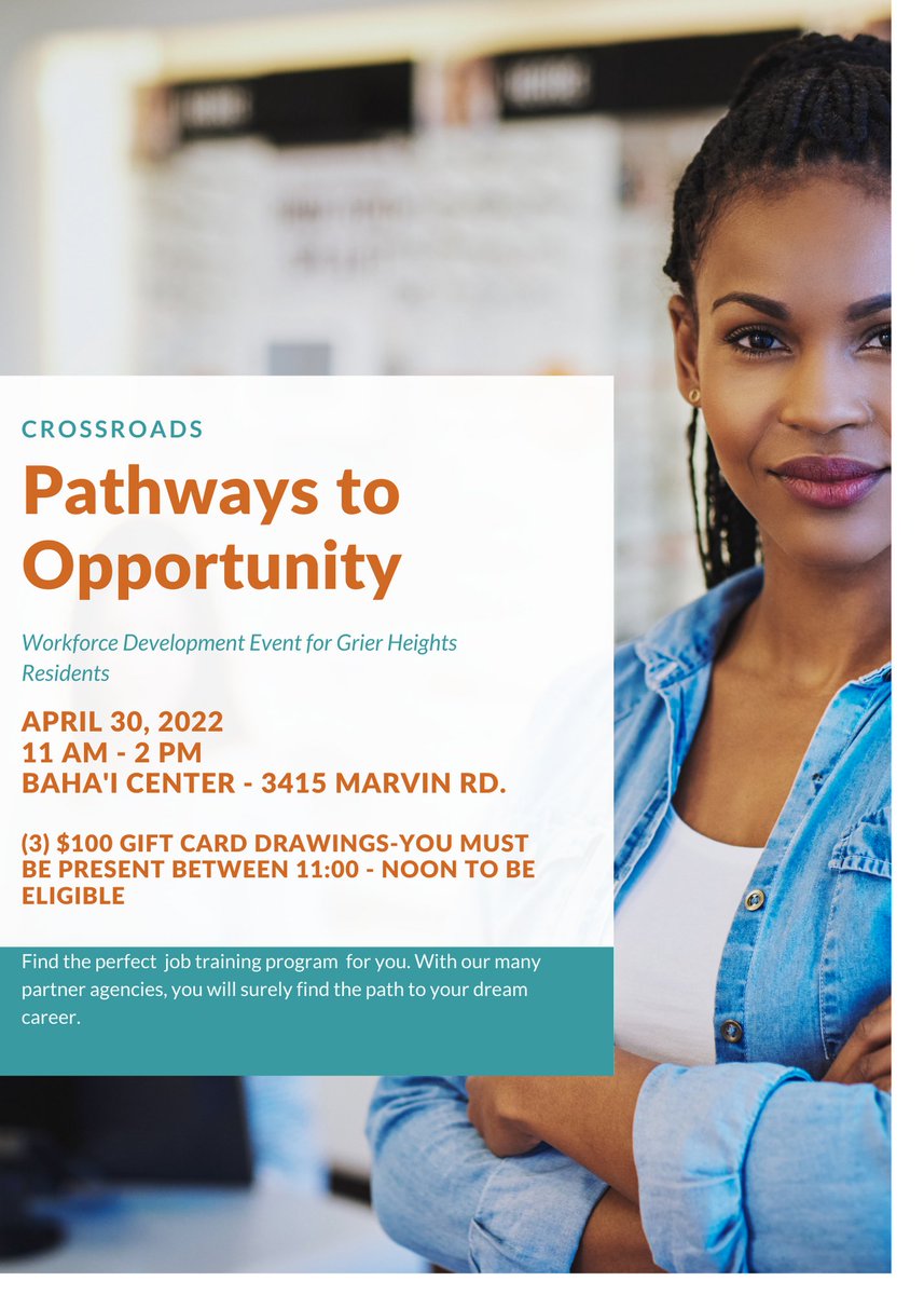 CrossRoads_Corp's tweet photo. Save the Date: April 30th , 11am-2pm 
Crossroads presents, Pathways to Opportunity . Find the perfect job training program for you, and the path to your dream career. https://t.co/hpeFkaCWnO
