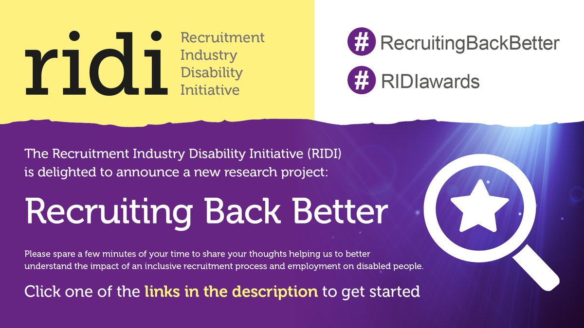 .<a href="/RIDI_org/">RIDI</a> has launched a new research project – #RecruitingBackBetter. 

Their aim: to encourage everyone to talk &amp; learn about disability confidence &amp; understand the impact of inclusive recruitment.

Recruiter Qs: bit.ly/RIDIrec
Job seeker Qs: bit.ly/RIDIJS