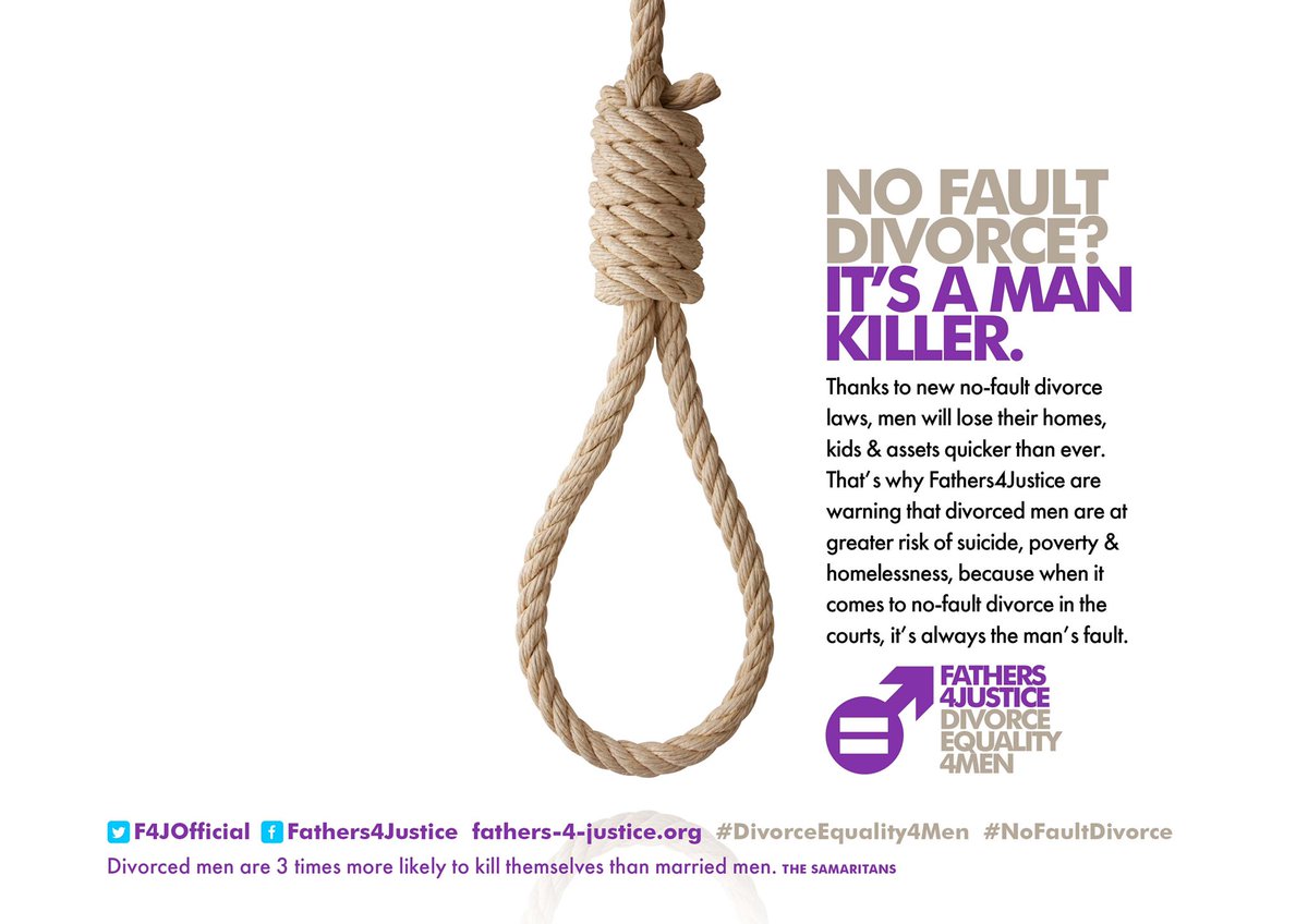 F4JOfficial's tweet photo. NO-FAULT DIVORCE? IT’S A MAN KILLER Divorced men are 3 x more likely to kill themselves than married men #nofaultdivorce #divorce #divorceequality4men #sayno2marriage #divorce4men @F4JDivorce4Men https://t.co/d5KQEM92v7