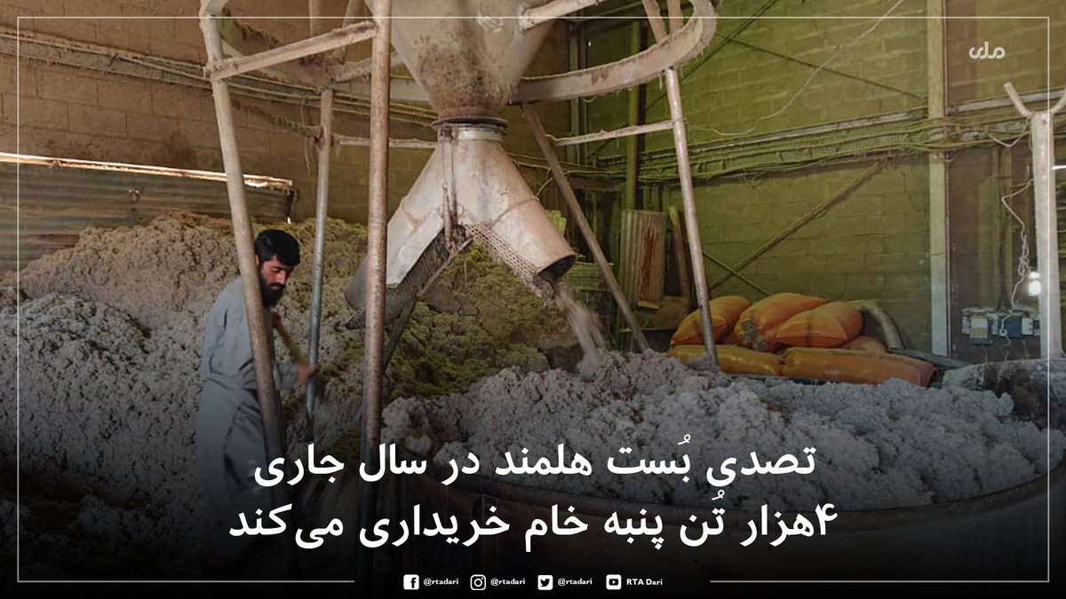 rtadari's tweet image. مسوولان تصدی بُست هلمند می‌گویند که قرار است این کارخانه دولتی در سال جاری ۴هزار تُن پنبه خام خریدار کند که نسبت به سال گذشته دوبرابر بیشتر خریداری می‌شود.
این کارخانه در سال گذشته ۲هزار تُن پنبه دانه‌دار خریداری کرد که پس از پروسس ۲۲ میلیون افغانی فایده به‌دست آورد.