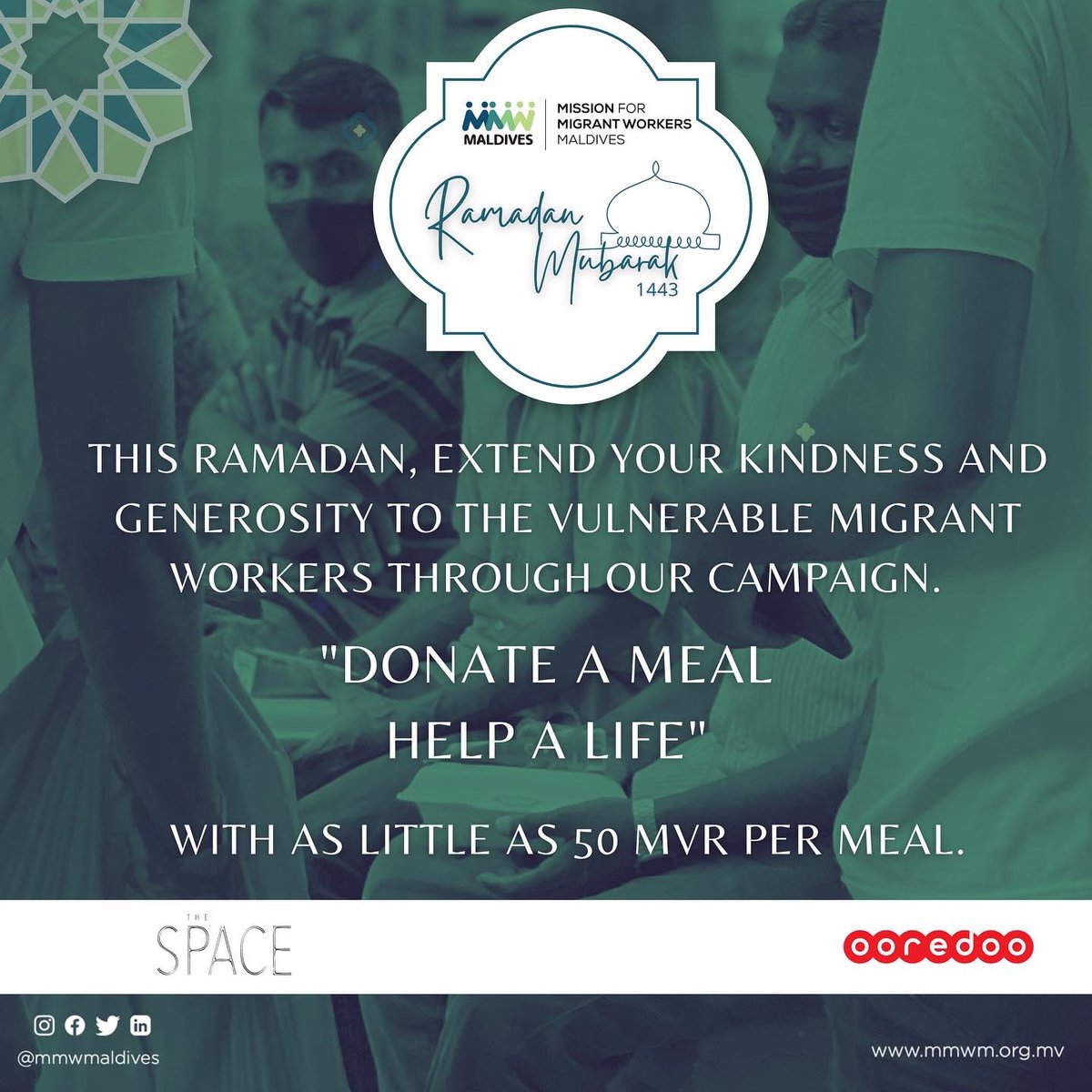 mmwmaldives's tweet photo. “Donate a meal, Help a life” of a #migrantworker this Ramadan for as little as 50 MVR

STEP 1
You can send your donations to

Mission for Migrant Workers Maldives
BML (MVR) 7730000378559
BML (USD) 7730000378560

STEP 2
Please share your payment receipts to 7384994(Viber/Whatsapp) https://t.co/jrjqJ4cp6u