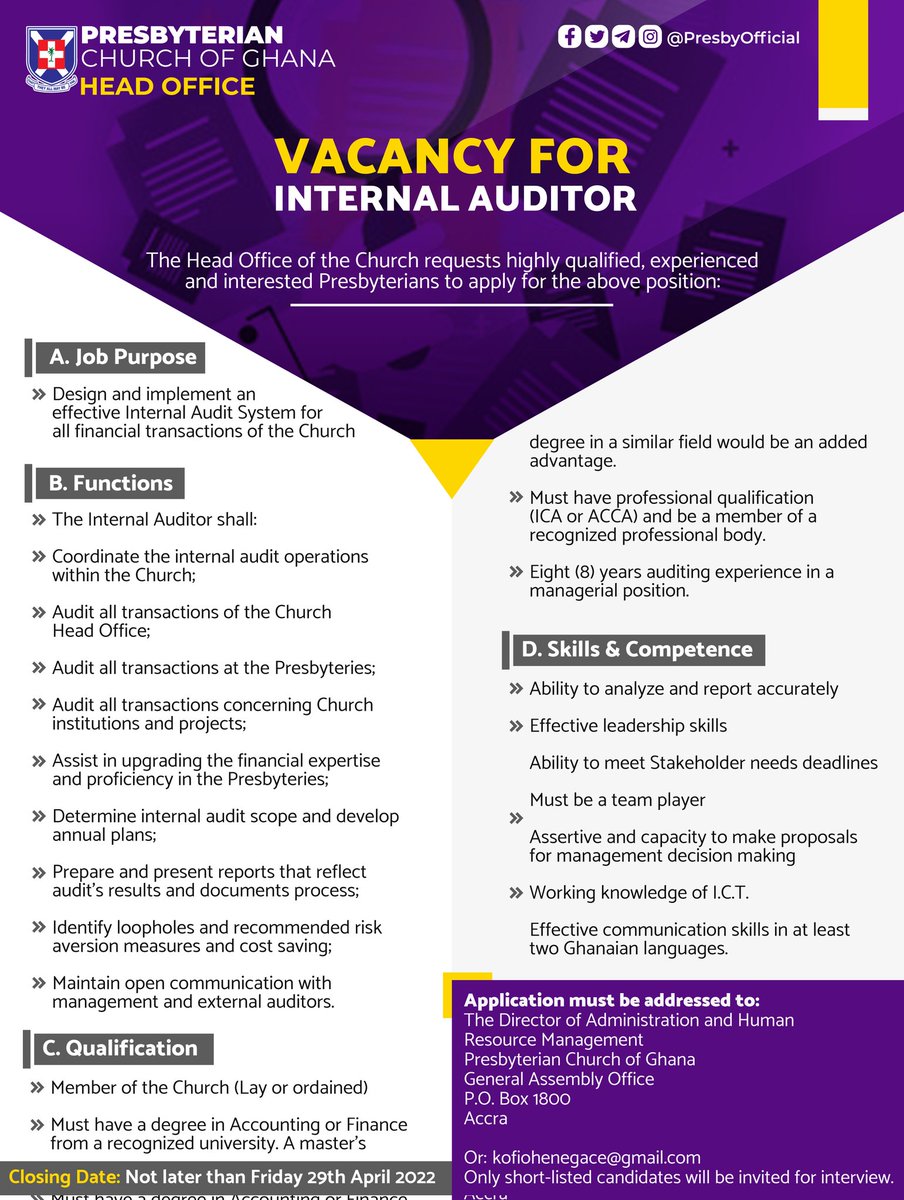 📌Vacancies for the positions of Directors, Internal Auditor and Driver Mechanic at the Head Office.
📑Apply Now...
Asomdwoe Nka Wo