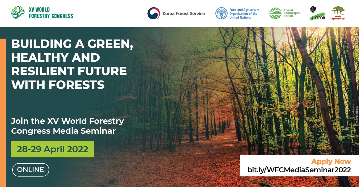 GlobalLF's tweet photo. Are you a journalist looking for a story on the essential role of #Forests for #ClimateAction? 🌳

Connect w/ scientists &amp; experts at our online Media Seminar in partnership w @FAO @CIFOR @ICRAF ahead of #WFCKorea in Seoul

APPLY NOW ⤵️
https://t.co/EdFJ0QrFnU

#ThinkLandscape https://t.co/DkJJ1IfKkK