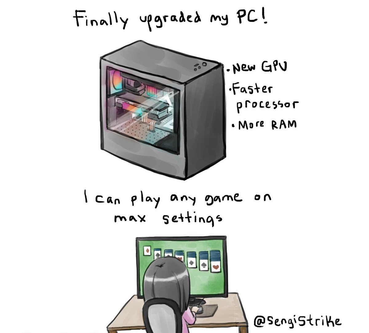 SyndicateMisfit's tweet photo. I can finally play anything I want!..Art by @SengiStrike 

#comics #funny #pcgaming #gaming #gamingpc https://t.co/NmD0UaFm16