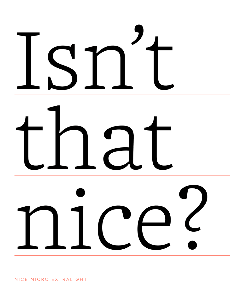 fontwerk's tweet photo. The smallest member of the #NiceTypeface, Micro, is recommend to be used for font sizes from about 6 to 9pt. The largest member, Poster, for larger applications (>48pt). But, of course, that is just a suggestion … https://t.co/uPuhNvBaUw