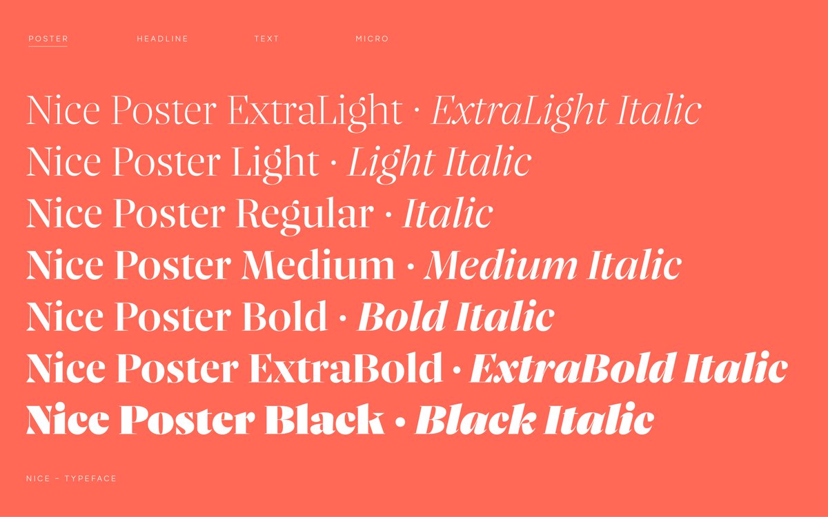 fontwerk's tweet photo. The smallest member of the #NiceTypeface, Micro, is recommend to be used for font sizes from about 6 to 9pt. The largest member, Poster, for larger applications (>48pt). But, of course, that is just a suggestion … https://t.co/uPuhNvBaUw