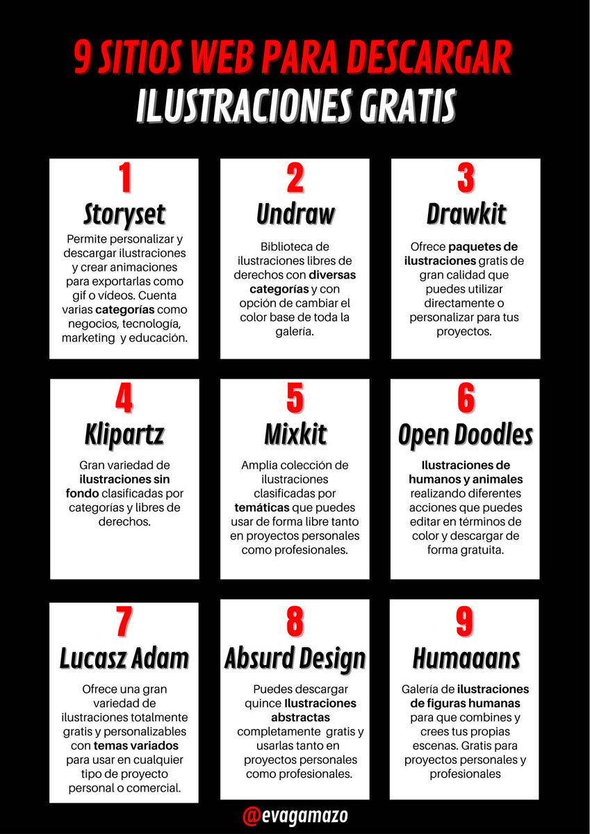evagamazo's tweet photo. 9 Sitios web para descargar 𝒊𝒍𝒖𝒔𝒕𝒓𝒂𝒄𝒊𝒐𝒏𝒆𝒔 de buena calidad libres de derechos y, además, 𝒈𝒓𝒂𝒕𝒊𝒔.

#MarketingDigital #ilustraciones https://t.co/1YLpYiOauW