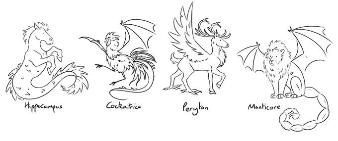 I did a poll on P/atreon recently to vote for what mythical creature to draw next, and out of these four, Manticore was the winner!

Enjoy these 5 second doodles I did to help illustrate each creature for the poll! 
