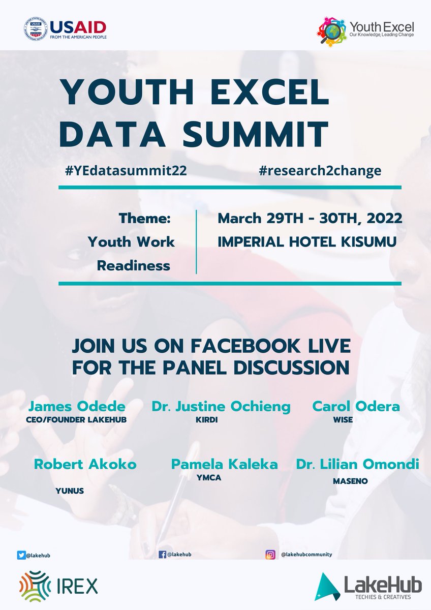 LakeHub's tweet photo. Day 2 of Youth Excel Data Summit.
Join @silvyaKananu from @IREX engage six panelists to discuss pertinent issues on Advancing cross -sectoral and inclusive collaboration for greater strides in youth economic development @USAIDKenya @ExcelYouth
#YEDataSummit22 #research2change https://t.co/eusSKVgXvb