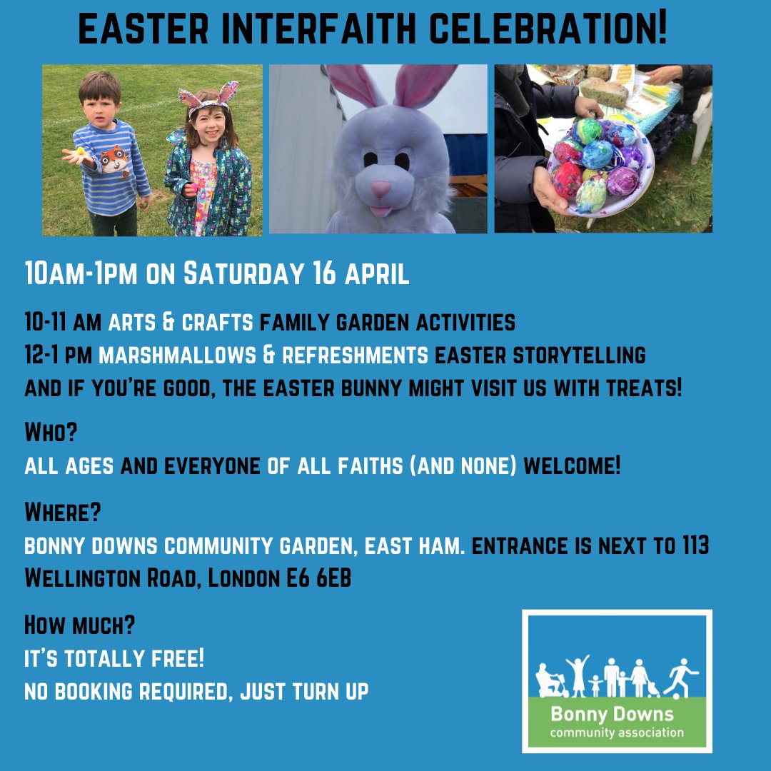 bdca247's tweet photo. It's FREE, it's FUN and we've got #Easter treats for all ages!
Will you join us for our special Easter interfaith celebration in the community garden?
Please mark it in your diaries and please share with your families and neighbours
#freeevents #Newham #Newhamevents #community https://t.co/BcfIbXcolC