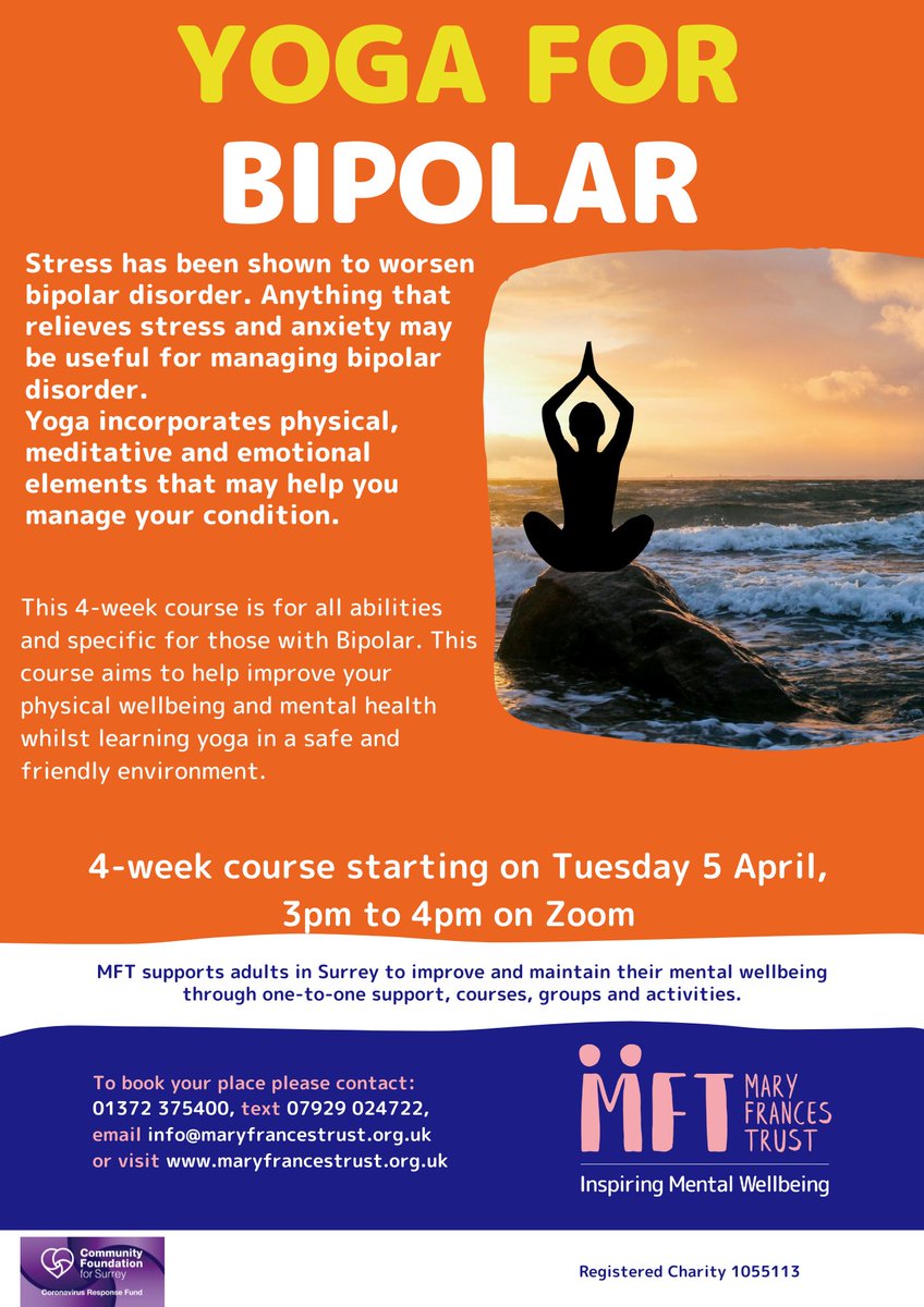 For #WorldBipolarDay our yoga instructor Anna shares how she uses yoga to manage her #bipolar condition &amp; leads you through a yoga practice to release stress &amp; anxiety. FREE Online 4-week course starting 5 April Book on info@maryfrancestrust.org.uk, 01372 375 400 or 07929 024722