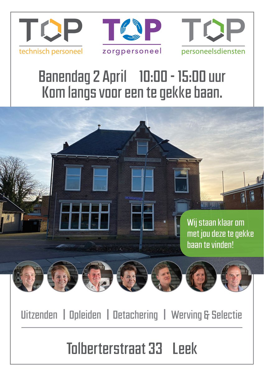 TOPLeek's tweet photo. Wij hebben te gekke banen in de aanbieding. Kom jij zaterdag langs op onze banen dag? Het zou te gek zijn als jij binnenkort onderdeel bent van ons team vol toppers! https://t.co/I1IKjZ3V8n