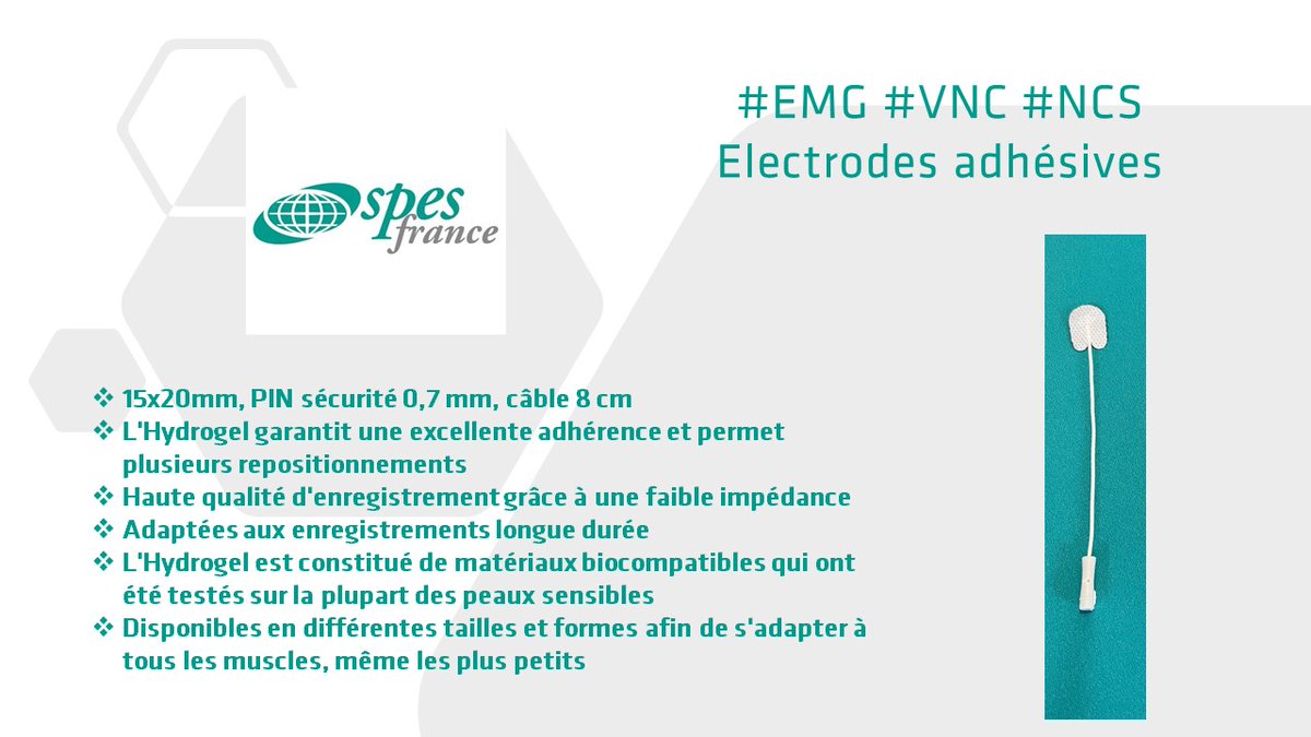 SpesFrance's tweet photo. Electrodes adhésives @spesmedicasrl
pour #EMG #VNC #NCS #LTM. Matériaux #biocompatibles. Rendez-vous aux JNLF2022 @les_Jnlf
stand 58 à #strasbourg pour les découvrir. #Neurodiagnostics #Neurology #Medicaldevices #Healthcare #NeuroTwitter #Neurobot https://t.co/d9EpjdnSd6