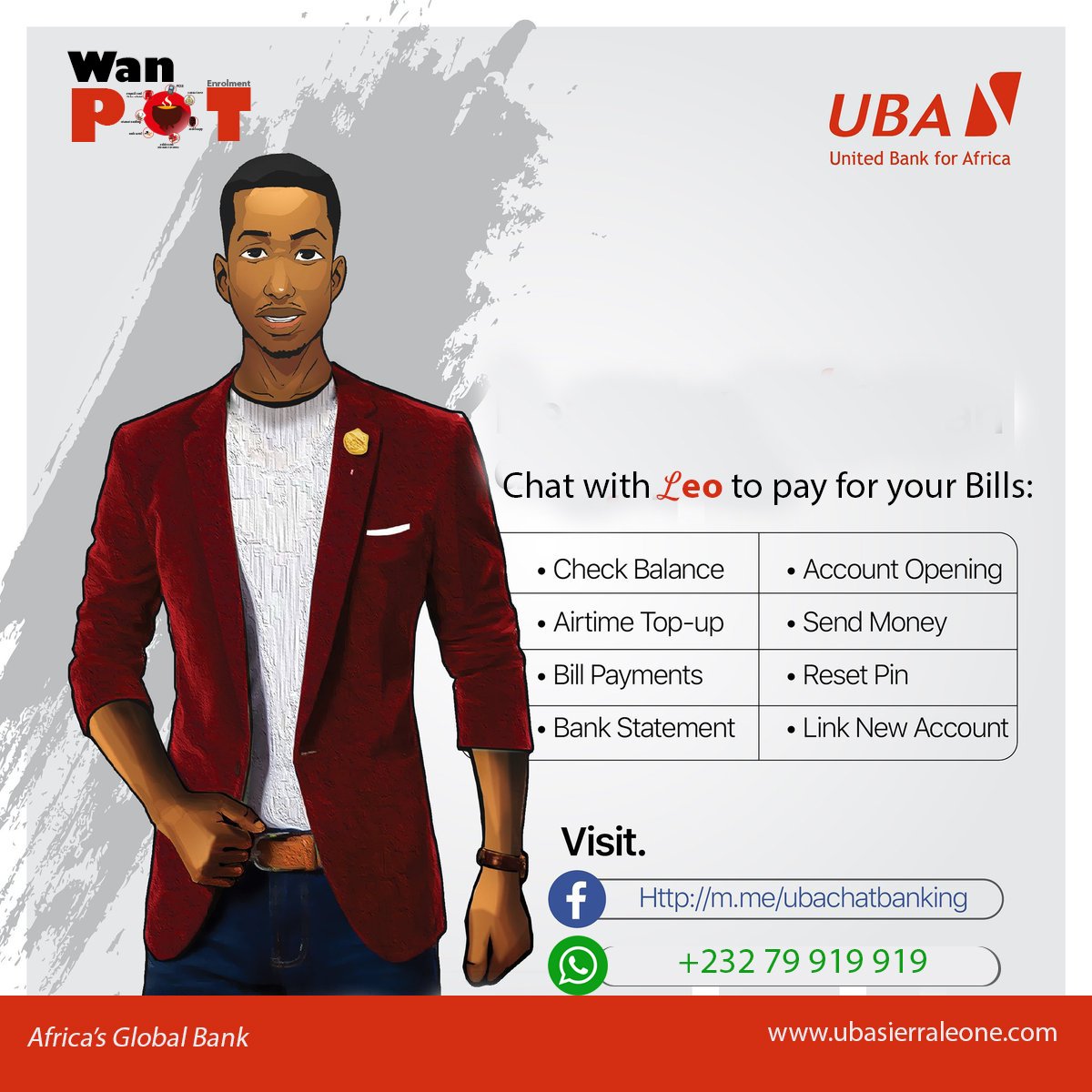 UBA Digital Wan Pot, Meet Leo our Virtual Banker

It's Wednesday Morning use Leo to pay for your Utility Bills such as (EDSA) including Tax (Goods &amp;   Services Tax (GST) and Income Tax. 

 #UBADigitalWanPot 
 #UBAVirtualBanker
 #UBASierraLeone 
 #AfricasGlobalBank