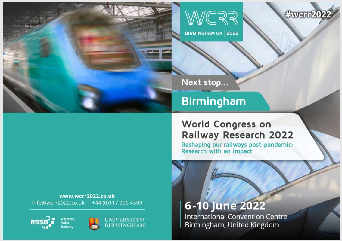 [#rail Congress] #UICrail will take part in #wcrr2022 in Birmingham, UK from 6 – 10 June 2022, hosted by <a href="/RSSB_rail/">RSSB</a> and <a href="/unibirmingham/">Uni of Birmingham</a> under the theme Reshaping our railways post-pandemic: Research with an impact

More info wcrr2022.co.uk 
#research #solutions #knowledge