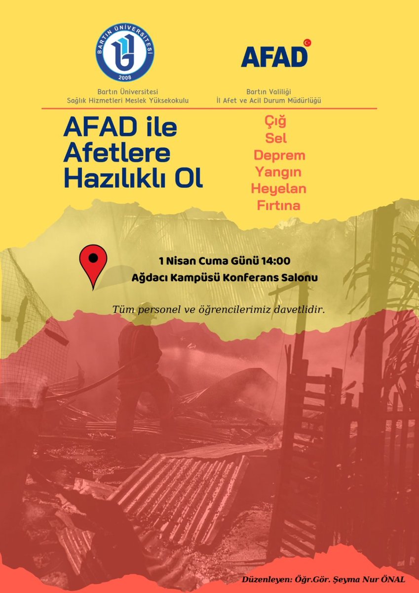 Terapi ve Rehabilitasyon Bölümü ve AFAD tarafından düzenlenen doğal afetler ve korunma yöntemleri hakkında yapılacak olan seminerimize hepinizi bekleriz📢

<a href="/bartinshmyo/">Bartın Üniversitesi Sağlık Hizmetleri MYO</a> 
@bartinedu 
<a href="/haceryalnz1/">Hacer Yalnız Dilcen</a> 
<a href="/uzun_orhan/">ORHAN UZUN</a>
