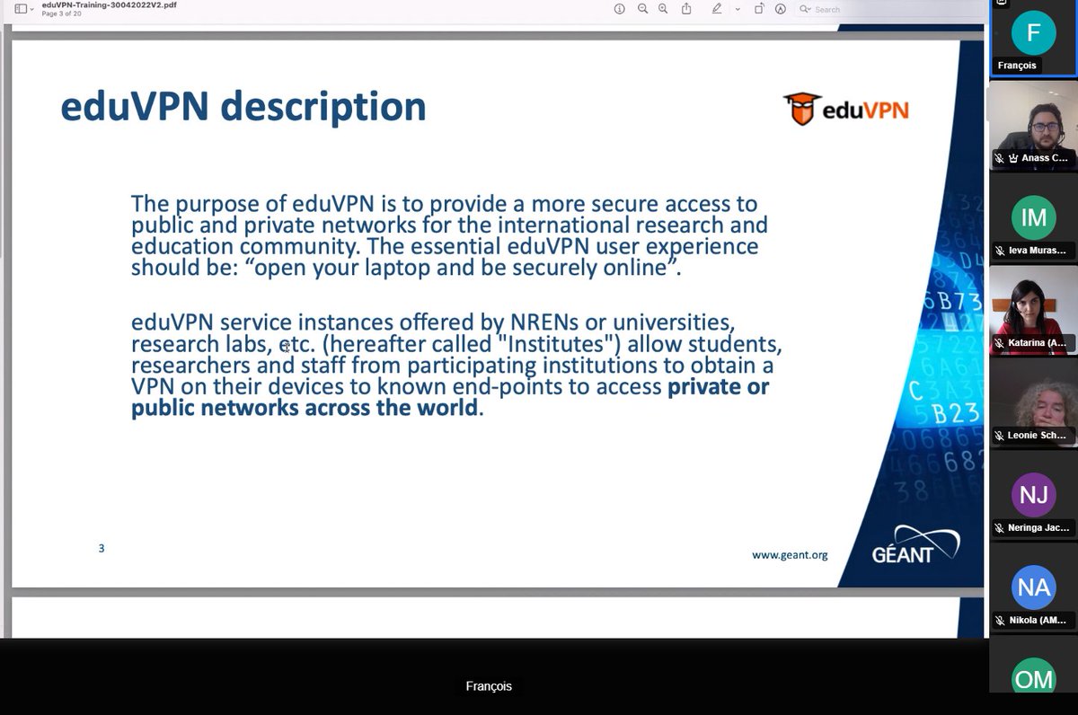 EaPConnect_News's tweet photo. The second part of #eduVPN training for
@EaPConnect_News partner countries and beyond takes place today. An interactive session starting with a detailed overview and followed by hands-on exercises.
What is #eduVPN?
Read all about it here: https://t.co/WNBBCKFmQS https://t.co/aQdRNoUsJZ