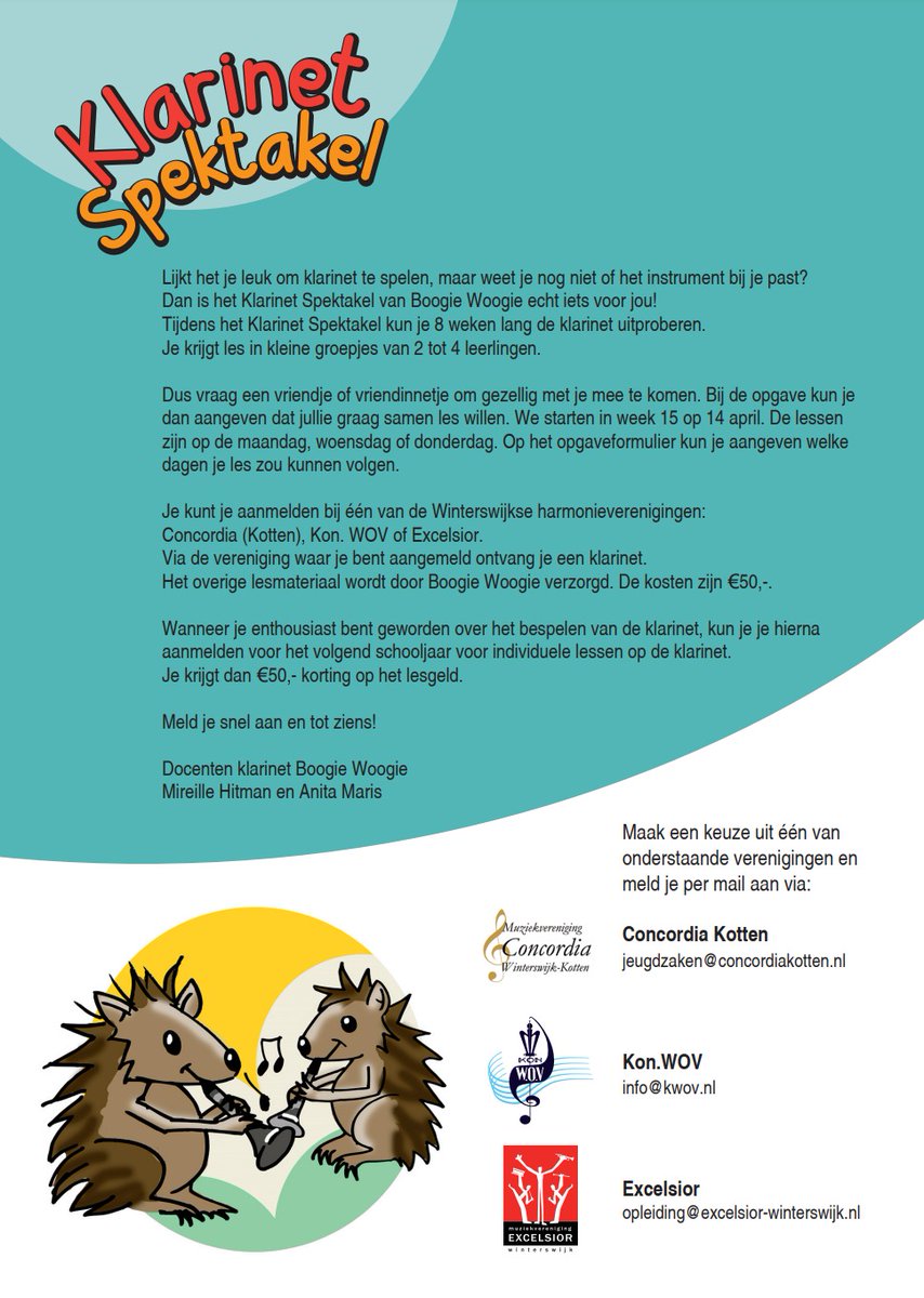 KonWOV's tweet photo. 𝗞𝗹𝗮𝗿𝗶𝗻𝗲𝘁 𝘀𝗽𝗲𝗸𝘁𝗮𝗸𝗲𝗹
Tijdens het Klarinet Spektakel kun je 8 weken lang de klarinet uitproberen. Je krijgt vanaf 14 april les in kleine groepjes van 2 tot 4 leerlingen.
Kijk voor meer informatie op https://t.co/FHXmu3Un95

#klarinet #KWOV #Winterswijk #muziek https://t.co/SQkJP8dY4A
