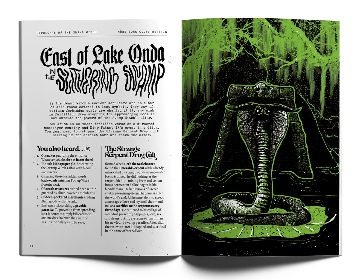 FreeLeaguePub's tweet photo. The expansion MÖRK BORG Cult: Heretic, a zine of community-made misadventure and malice for use with MÖRK BORG RPG or other rules-light dark fantasy games, is set to launch April 12. 🐍
The gates of pre-order are  open. Pre-order &amp; get the full PDF now!
-> https://t.co/1h5usW6hYG https://t.co/8mwqI6brJw