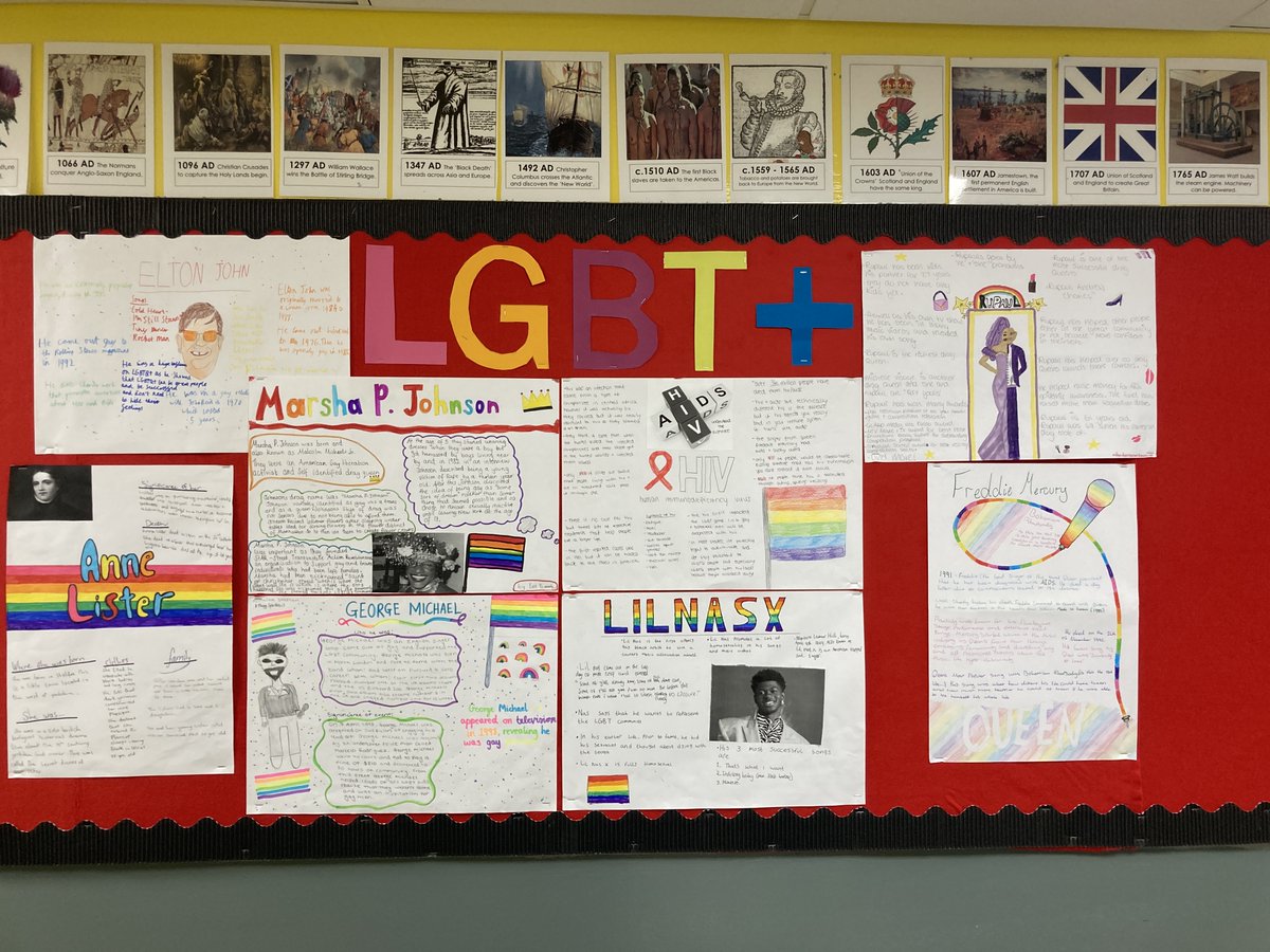 HolliganHistory's tweet photo. Very late to the Twitter post but we had a very successful LGBT+ History Month at @official_DHS. We learned about LGBT issues across the world, Section 28, the HIV Crisis and of course, LGBT Icons. Wonderful work, S3! @tiecampaign @LGBTYS https://t.co/Rd3Mc8Vaem
