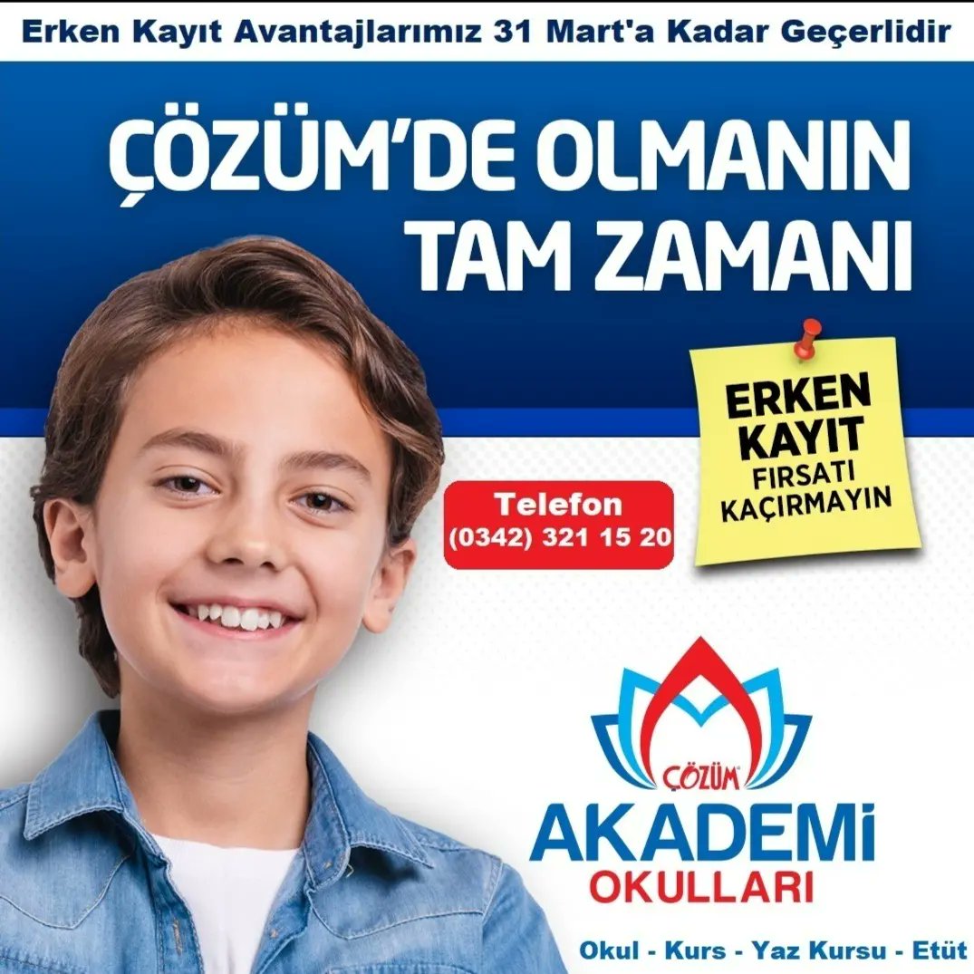 31 Mart'a kadar geçerli olan erken kayıt avantajlarımızdan yararlanmak için sizleri okulumuza bekliyoruz.

#Gaziantep #çözümakademiokulları
#okul #kurs #yazkursu #etüt #lgs #tyt #ayt