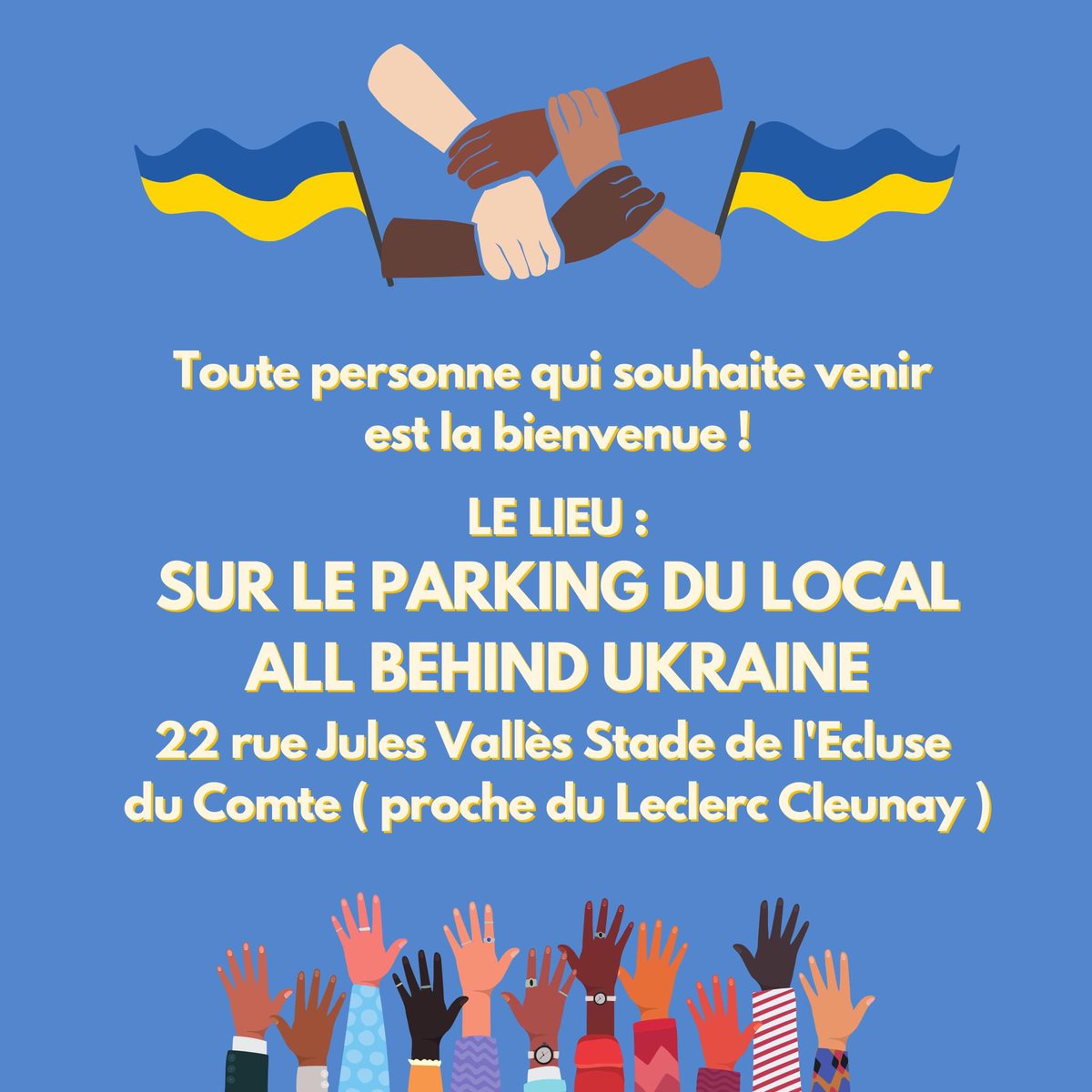 AllBehindFr's tweet photo. ❗️[RÉUNION PUBLIQUE]❗️
Suite à l’annulation de notre dernière réunion publique, nous avons reporté ce rassemblement à ce Samedi 2 Avril à 11h 😁
#AllBehind #AllBehindUkraine 💙💛 https://t.co/Q5zAEnVHnS