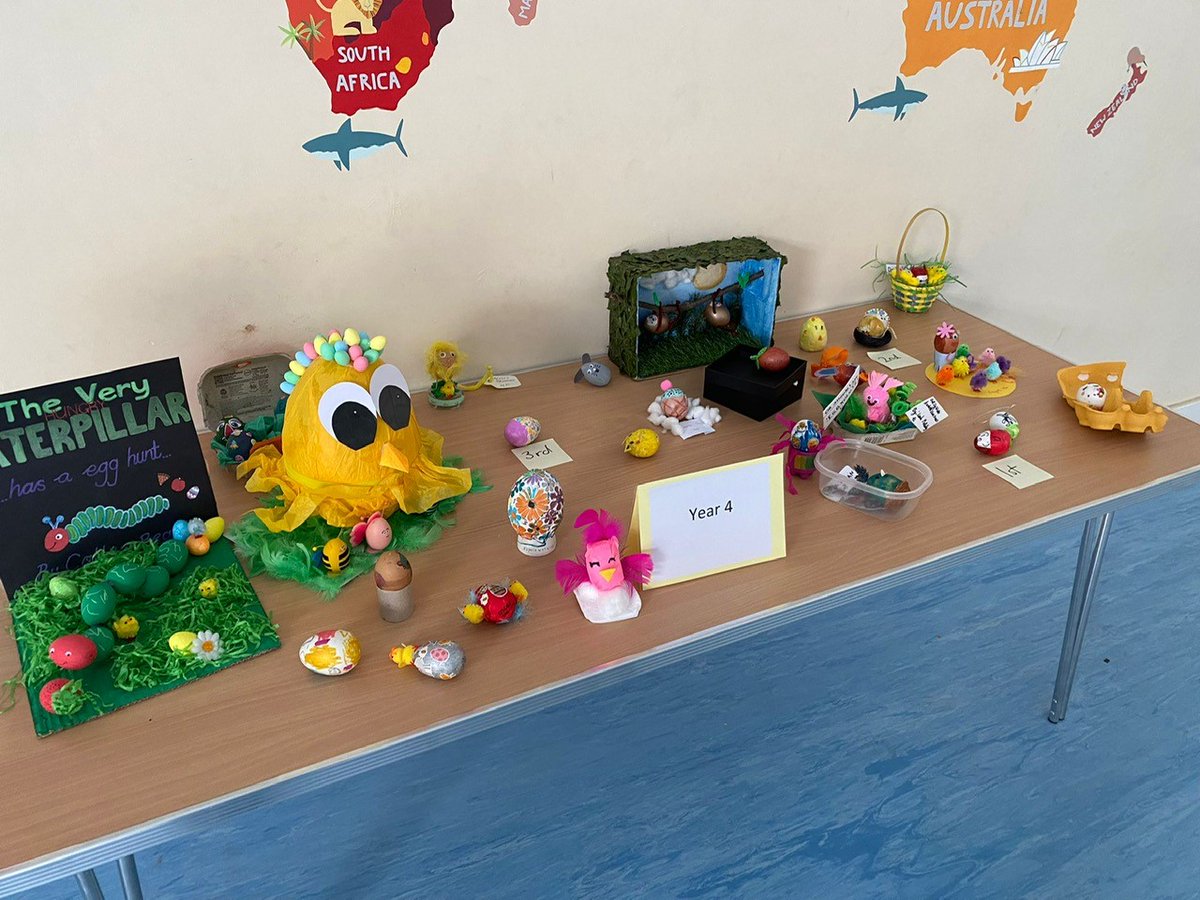 CrownWoodPS's tweet photo. We had a wonderful array of Easter bonnets and painted eggs on display in school yesterday. We loved the creativity - well done to everyone who took part. #daretodream #eggcellentwork https://t.co/njVVWwiAbg