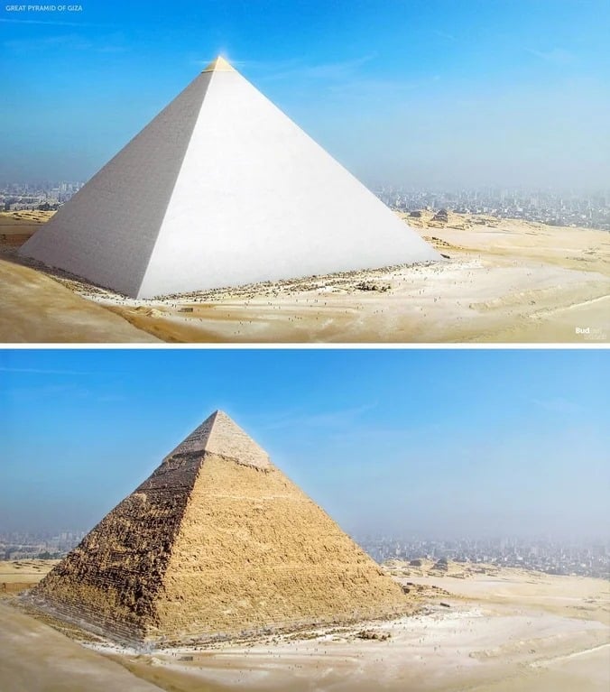 ancientorigins's tweet photo. This is what the pyramids originally looked like. They were white with the tip made of gold.

https://t.co/em60tarFT9 https://t.co/bgIbsMzlNO