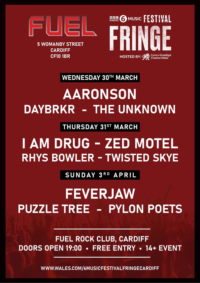 We have day 2 of <a href="/FuelCardiff/">Fuel Rock Club</a> shows headlined by instrumental post rock @AaronsonCentral as well as <a href="/DayBrkrOfficial/">DayBrkr</a> and <a href="/UnknownBrosWal/">The Unknown Brothers</a> and it's absolutely free!    2/5