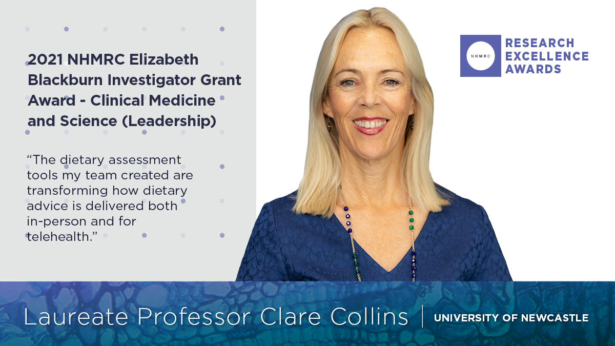 nhmrc's tweet photo. Congratulations to Professor Clare Collins @ProfCCollins, an Accredited Practising Dietician and nutrition researcher specialising in eHealth @Uni_Newcastle #NHMRCAwards https://t.co/xw6njVbKzP