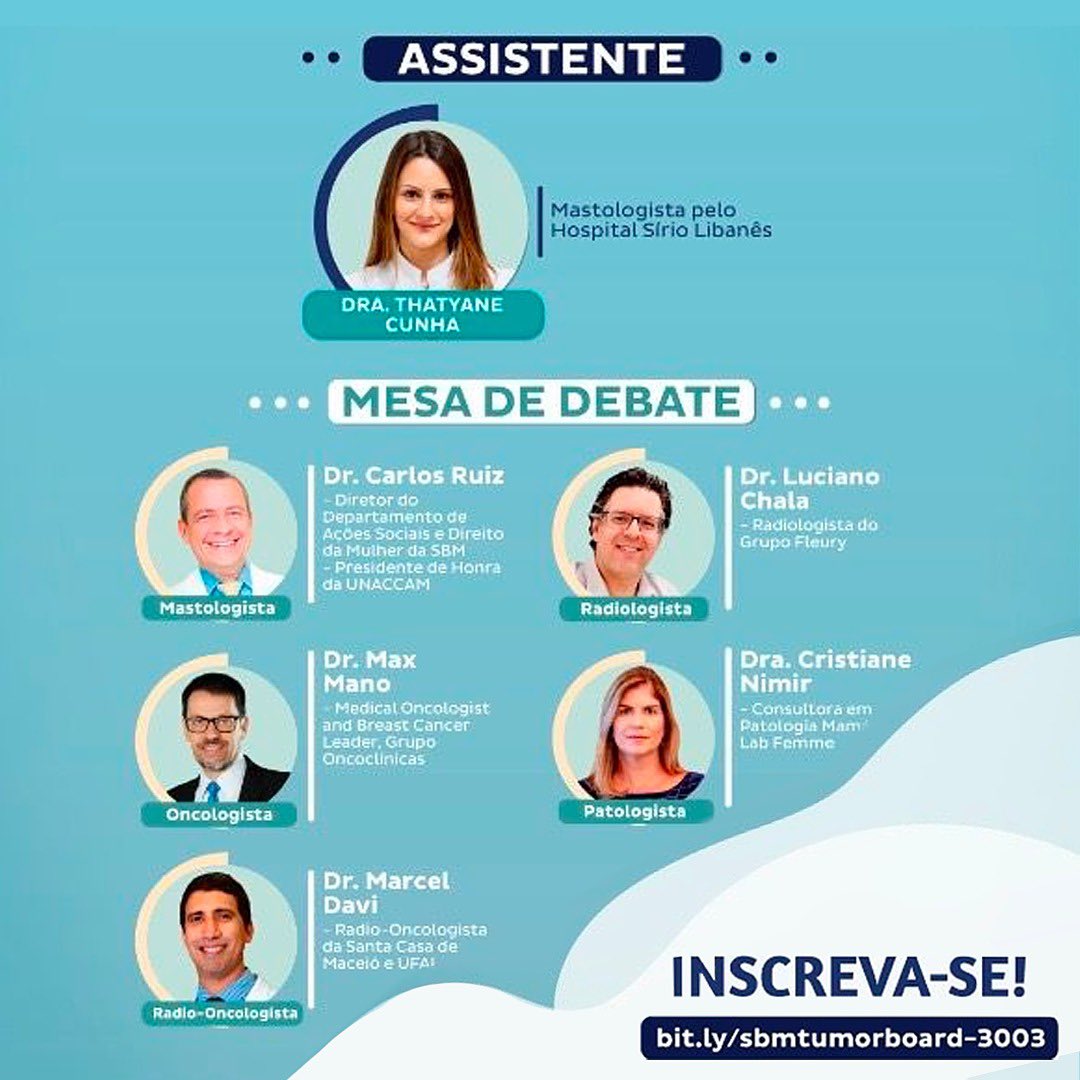 Hoje 30/03/22 quarta-feira às 19h30, acontece o tumor board da @sbmastologia. 

Coordenadores: @ligiateixeira e <a href="/felipeandrade/">Felipe Andrade</a>
Evento digital para medicos. 

bit.ly/sbmtumorboard-…

#sbm #oncologia #cancerdemama #tumorboard #eventosmedicos #drmaxmamo #drmaxsmano