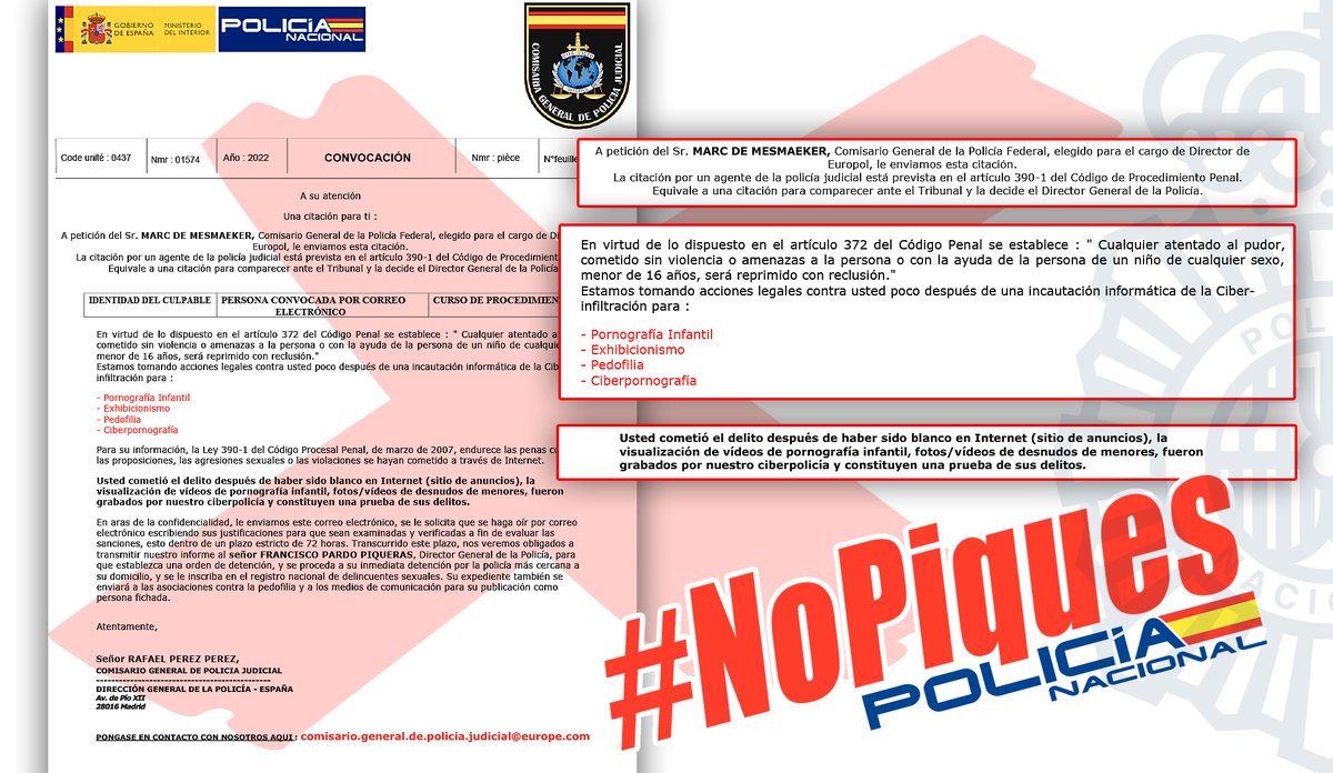 ⚠ ATENCIÓN ⚠ 

Si recibes un correo 📧 del Sr. Marc De Mesmaeker 🙄 para citarte en nombre del director general de <a href="/policia/">Policía Nacional</a>... 

No somos nosotros 👉 Es #falso

❌ IGNORA Y ELIMINA 🗑

#Phishing 
#NoPiques