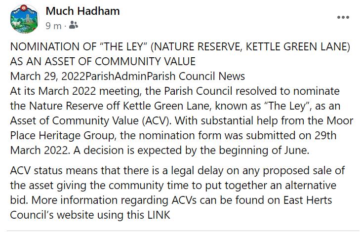 MuchHadhamPC's tweet photo. NOMINATION OF “THE LEY” (NATURE RESERVE, KETTLE GREEN LANE) AS AN ASSET OF COMMUNITY VALUE https://t.co/XdgXDWFAvN