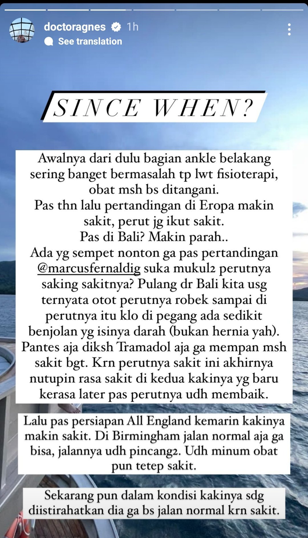 Unggahan story di akun Instagram istri Marcus Fernaldi Gideon, Agnes Amelinda Mulyadi. 