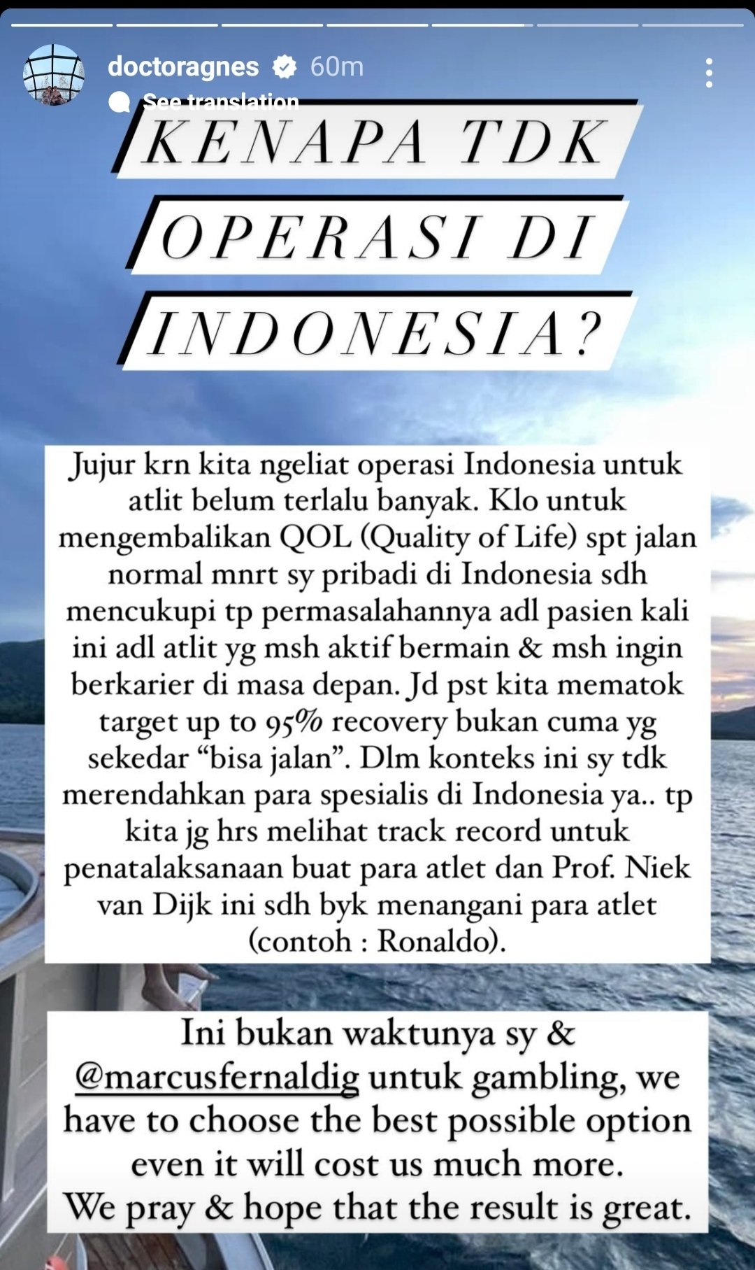 Unggahan story di akun Instagram istri Marcus Fernaldi Gideon, Agnes Amelinda Mulyadi. 