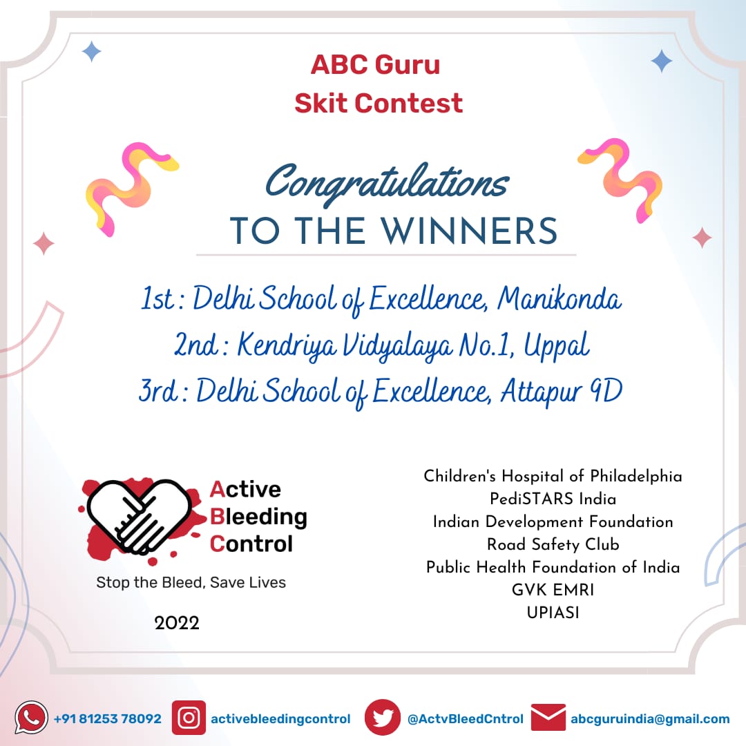 ActvBleedCntrol's tweet photo. Congratulations to all the Winners 🥳
ABC Guru Interschool Skit Contest submissions were fantastic.
Efforts put by the students is ineffable.Great Team spirit and stories to teach and empower people🙏
Join us to help Save precious Lives⭐
Be an ABC Guru⭐
#stopthebleed #ABCGuru https://t.co/2tJqNq9xY3