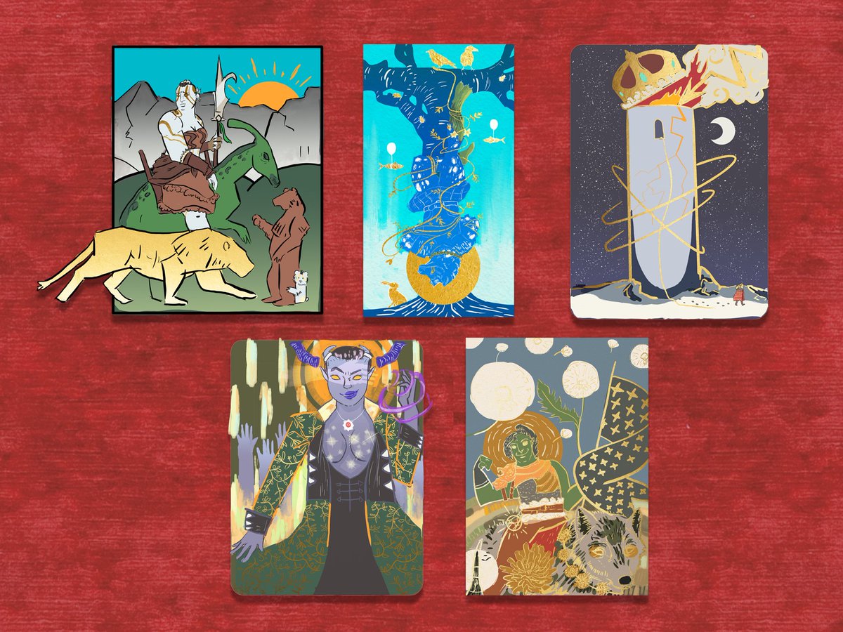 designed tarot cards for my D&amp;D party - Death, The Hanged Man, The Tower, The Devil and The Sun