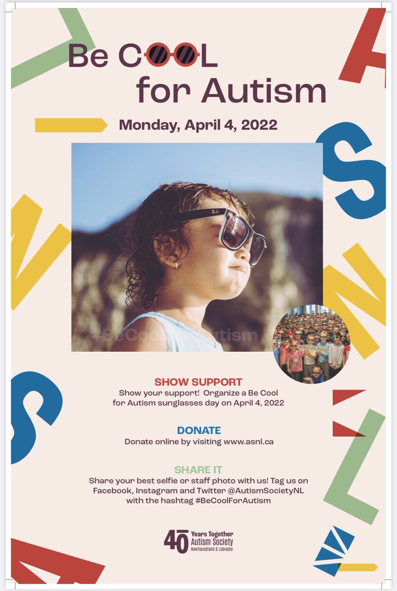 HREschool's tweet photo. Monday, April 4th, we will be celebrating #BeCool4Autism in association with @AutismSocietyNL Wear your sunglasses in support 🕶 https://t.co/LunOTUtWYI