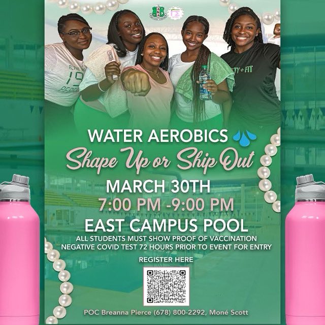 Join us at tomorrow’s event Shape Up or Ship Out Water Aerobics. 💕 

Remember to bring proof of vaccination and a negative Covid test 72 hours prior to the event. 
#skeeweek #aka1908💖💚  #ASUTwitter