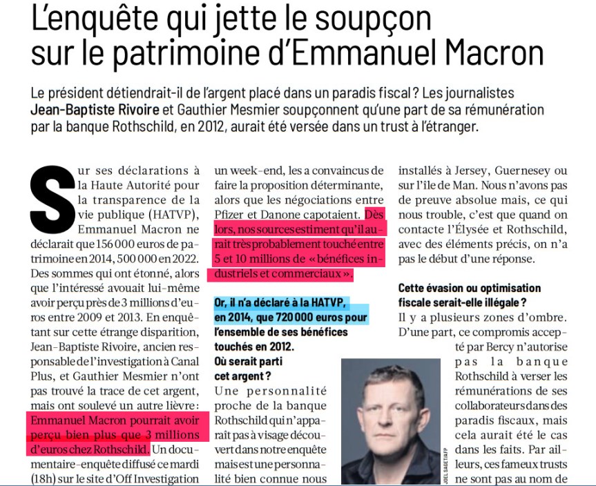 4dri4nG4rrigos's tweet photo. L'enquête de #offinvestigation pose cette question dans #humanite_fr à @EmmanuelMacron :

"Où sont passés vos 5 à 10 Millions d'€ gagnés avec la vente #Pfizer #Nestle?"

car en 2017 vs ne déclarez que 195.000€ de patrimoine à #HATPV soit 1 montant comparable à celui de #Poutou! https://t.co/4ChJa15Lsn