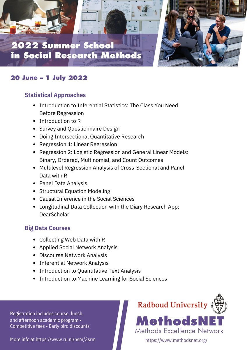 MethodsNET (@methodsnet) on Twitter photo 32 world-class PhD-level interactive courses of various scientific methods, plus a rich cross-cutting afternoon program, and several social events. š”
That's what we propose with our Summer School in Social Research Methods at <a href="/RadboudNSM/">Nijmegen School of Management Radboud University</a> !
Early š¦ fee deadline : April 1st ! 32 world-class PhD-level interactive courses of various scientific methods, plus a rich cross-cutting afternoon program, and several social events. š”
That's what we propose with our Summer School in Social Research Methods at <a href="/RadboudNSM/">Nijmegen School of Management Radboud University</a> !
Early š¦ fee deadline : April 1st !